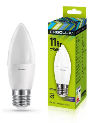 Лампа светодиодная LED-C35-11W-E27-6K 11Вт свеча 6500К холод. бел. E27 180-240В Ergolux 13623