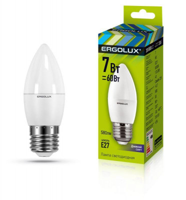 Лампа светодиодная LED-C35-7W-E27-6K Свеча 7Вт E27 6500К 172-265В Ergolux 13299