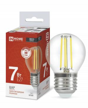 Лампа светодиодная LED-ШАР-deco 7Вт шар прозрачная 4000К нейтр. бел. E27 810лм 230В IN HOME 4690612016337