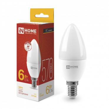 Лампа светодиодная LED-СВЕЧА-VC 6Вт свеча 3000К тепл. бел. E14 570лм 230В IN HOME 4690612020389