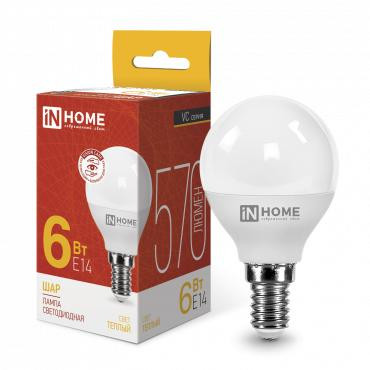 Лампа светодиодная LED-ШАР-VC 6Вт шар 3000К тепл. бел. E14 570лм 230В IN HOME 4690612020501