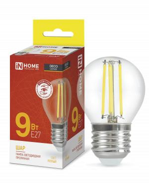 Лампа светодиодная LED-ШАР-deco 9Вт шар прозрачная 3000К тепл. бел. E27 1040лм 230В IN HOME 4690612026268
