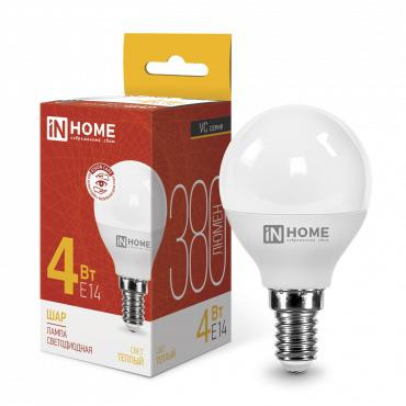 Лампа светодиодная LED-ШАР-VC 4Вт шар 3000К тепл. бел. E14 380лм 150-275В IN HOME 4690612030517
