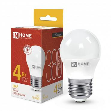 Лампа светодиодная LED-ШАР-VC 4Вт шар 3000К тепл. бел. E27 380лм 150-275В IN HOME 4690612030579