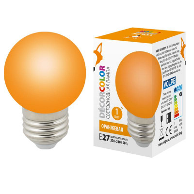 Лампа светодиодная LED-G45-1W/ORANGE/E27/FR/С 1Вт шар матовая оранж. E27 декоративная (упак. картон) Volpe UL-00005650