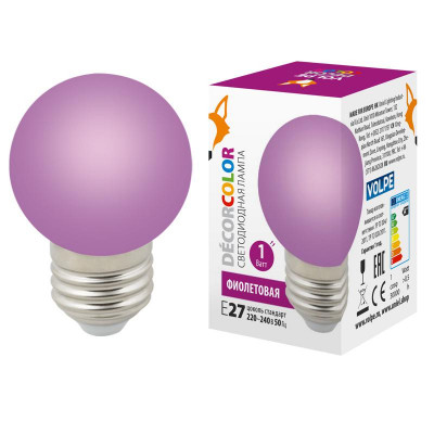Лампа светодиодная LED-G45-1W/PURPLE/E27/FR/С 1Вт шар матовая фиолет. E27 декоративная (упак. картон) Volpe UL-00005652