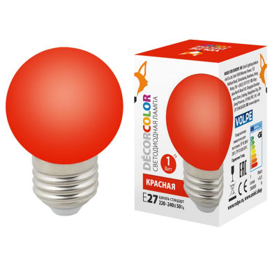 Лампа светодиодная LED-G45-1W/RED/E27/FR/С 1Вт шар матовая красн. E27 декоративная (упак. картон) Volpe UL-00005646