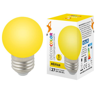 Лампа светодиодная LED-G45-1W/YELLOW/E27/FR/С 1Вт шар матовая желт. E27 декоративная (упак. картон) Volpe UL-00005649