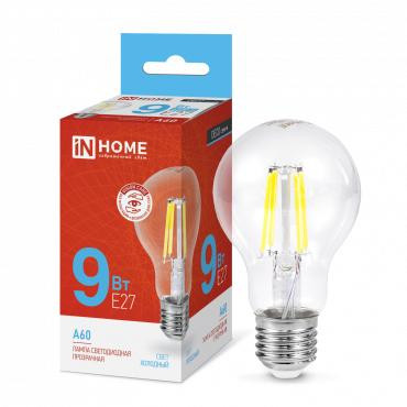 Лампа светодиодная LED-A60-deco 9Вт грушевидная прозрачная 6500К холод. бел. E27 1040лм 230В IN HOME 4690612026107