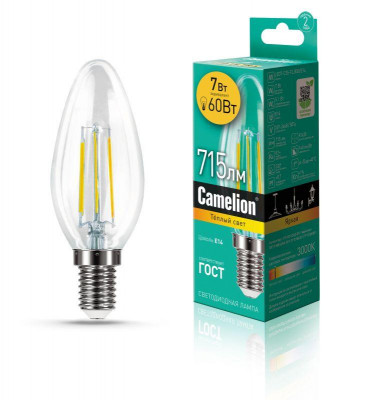 Лампа светодиодная филаментная LED7-C35-FL/830/E14 7Вт 220В Camelion 13452