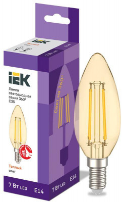 Лампа светодиодная филаментная 360° 7Вт C35 свеча 2700К E14 230В золото IEK LLF-C35-7-230-30-E14-CLG