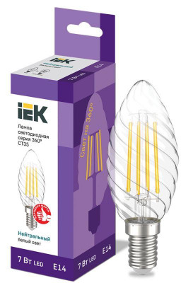 Лампа светодиодная филаментная 360° 7Вт CT35 свеча витая 4000К нейтр. бел. E14 230В IEK LLF-CT35-7-230-40-E14-CL