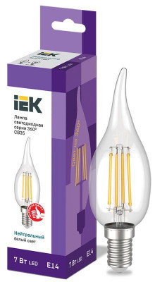 Лампа светодиодная филаментная 360° 7Вт CB35 свеча на ветру 4000К нейтр. бел. E14 230В IEK LLF-CB35-7-230-40-E14-CL