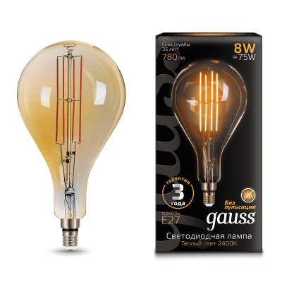 Лампа светодиодная филаментная Black Filament 8Вт A160 грушевидная золотая 2400К тепл. бел. E27 780лм GAUSS 149802008