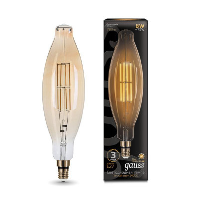 Лампа светодиодная филаментная Black Filament 6Вт T120 цилиндр золотая 2400К тепл. бел. E27 780лм GAUSS 155802008