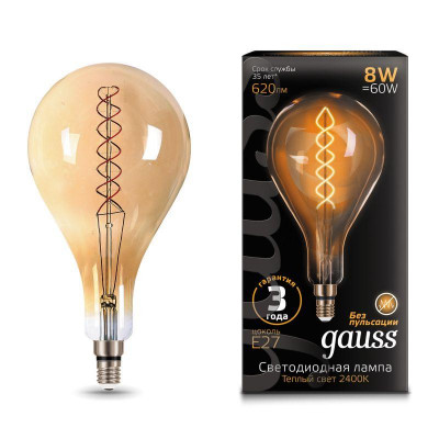 Лампа светодиодная филаментная Black Filament 8Вт A160 грушевидная золотая 2400К тепл. бел. E27 620лм GAUSS 150802008