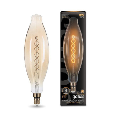 Лампа светодиодная филаментная Black Filament 8Вт T120 цилиндр золотая 2400К тепл. бел. E27 620лм GAUSS 156802008