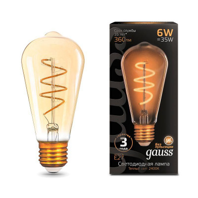 Лампа светодиодная филаментная Black Filament 6Вт ST64 золотая 2400К тепл. бел. E27 360лм GAUSS 157802006