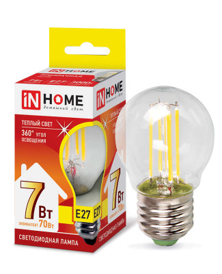 Лампа светодиодная LED-ШАР-deco 7Вт шар прозрачная 3000К тепл. бел. E27 810лм 230В IN HOME 4690612016320