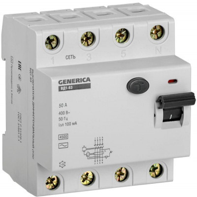 Выключатель дифференциального тока (УЗО) 4п 50А 100мА тип AC ВД1-63 GENERICA MDV15-4-050-100