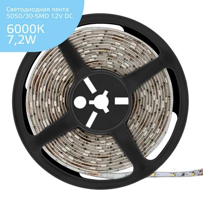 Лента светодиодная Elementary 7.2Вт/м 30LED/м бел. IP20 12В DC (уп.5м) GAUSS 355000307