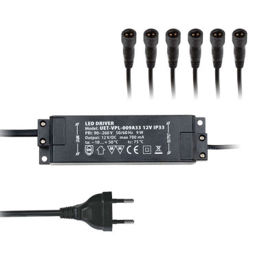 Блок питания UET-VPL-009А33 6 выходов для светодиодов с вилкой влагозащ. кабелем и 6 коннекторами 9Вт 12В IP33 картон. коробка Uniel 08939