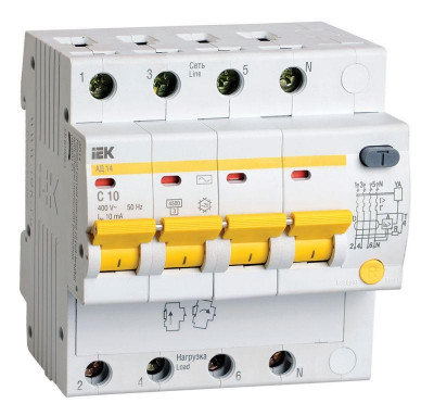 Выключатель автоматический дифференциального тока 4п C 10А 10мА тип AC 4.5кА АД-14 IEK MAD10-4-010-C-010