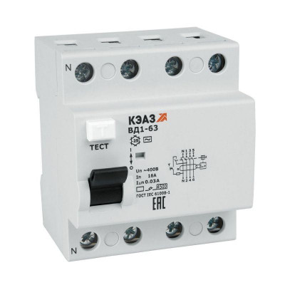 Выключатель дифференциального тока (УЗО) 4п 25А 10мА тип AC ВД1-63 4125 УХЛ4 КЭАЗ 221945