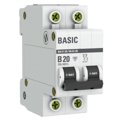 Выключатель автоматический модульный 2п B 20А 4.5кА ВА 47-29 Basic EKF mcb4729-2-20-B