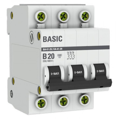 Выключатель автоматический модульный 3п B 20А 4.5кА ВА 47-29 Basic EKF mcb4729-3-20-B