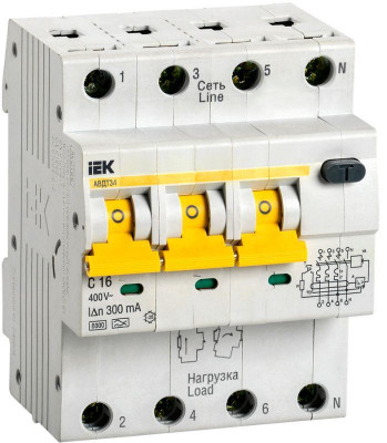 Выключатель автоматический дифференциального тока 4п C 16А 300мА тип A 6кА АВДТ-34 IEK MAD22-6-016-C-300