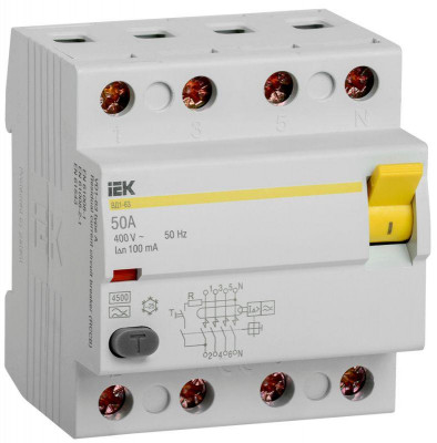 Выключатель дифференциального тока (УЗО) 4п 50А 100мА тип A ВД1-63 IEK MDV11-4-050-100