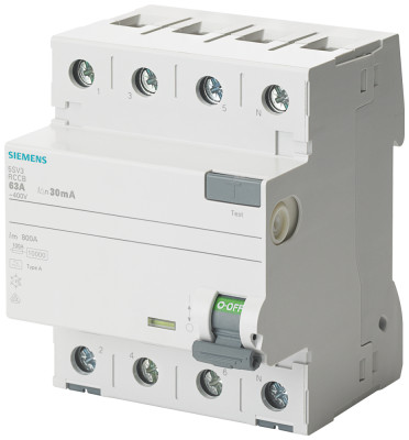 Выключатель дифференциального тока (УЗО) тип. A 63A 3+N-пол. 30мА 400В 4мод. Siemens 5SV33466