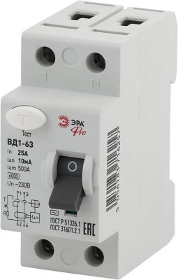 Выключатель дифференциального тока (УЗО) 1P+N 25А 10мА ВД1-63 Pro NO-902-48 ЭРА Б0031889