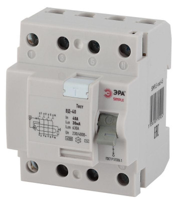 Выключатель дифференциального тока (УЗО) 4п 40А/30мА ВД-40 (электронное) SIMPLE-mod-45 ЭРА Б0039265