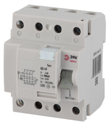 Выключатель дифференциального тока (УЗО) 4п 63А/300мА ВД-40 (электронное) SIMPLE-mod-54 ЭРА Б0039274