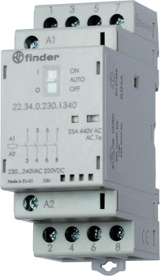 Контактор модульный 2NO + 2NC 25А AgSnO2 230В AC/DC 35мм IP20 опции: переключатель Авто-Вкл-Выкл + мех. индикатор + LED FINDER 223402304640