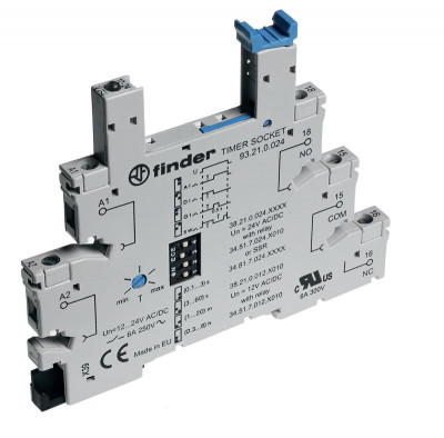 Розетка с винт. клеммами (с зажимной клетью) для реле 34 серии встроенный таймер мультифункциональн. (AI DI GI SW) регулировка времени 0.1с…6ч 24В AC/DC в комплекте пластик. клипса опции: LED FINDER 93210024