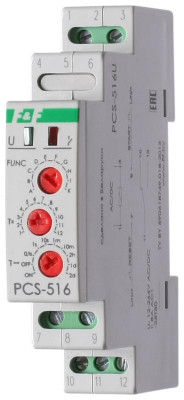 Реле времени PCS-516U 8А 12-264В AC/DC 1 перекл. IP20 многофункц. вход: START/RESET монтаж на DIN-рейке F&F EA02.001.014