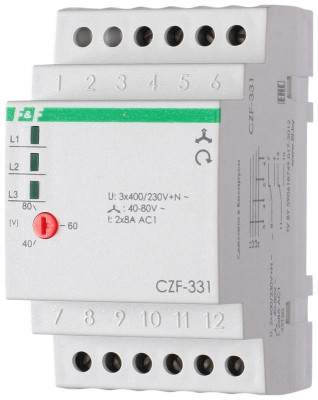 Реле контроля и наличия фаз CZF-331 (монтаж на DIN-рейке 35мм; регулировка порога отключения; 3х400/230+N 2х8А 2P IP20) F&F EA04.001.008