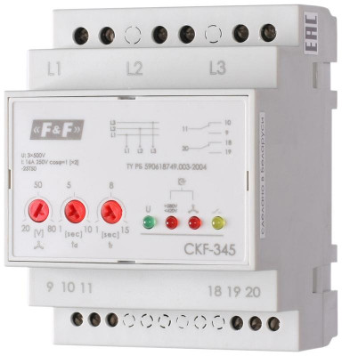 Реле контроля фаз для сетей с изолированной нейтралью CKF-345 (монтаж на DIN-рейке 35мм; регулировка порога отключения; контроль чередования фаз; 3х500В 2х8А 1х2P IP20) F&F EA04.004.001