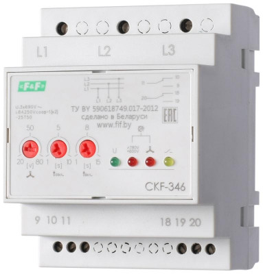 Реле контроля фаз для сетей с изолированной нейтралью CKF-346 (монтаж на DIN-рейке 35мм; регулировка порога отключения; контроль чередования фаз; 3х680В 2х8А 1х2P IP20) F&F EA04.004.002
