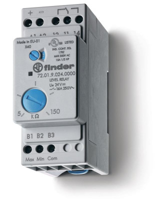 Реле контроля уровня настраиваемый диапазон чувствительности 5…150 кОм 24В AC выход 1CO 16А модульное 35 мм IP20 в комплекте 2х072.31 (уп.5шт) FINDER 720180240000PQA