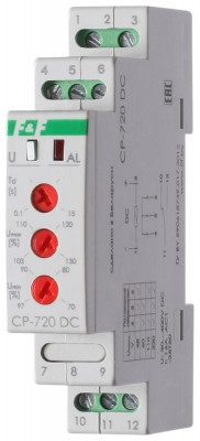Реле напряжения CP-720DC (однофазное; контроль верхнего и нижнего значений напряжения; выбор напряжения контролир. сети; 1 модуль 30-400В DC 16А 1NO/NC IP20) F&F EA04.009.012