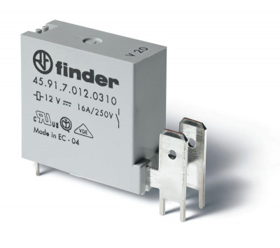 Реле низкопрофильное миниатюрное электромеханич. монтаж на печатную плату выводы с шагом 5мм + Faston 250(6.3х0.8мм) 1NO 16А AgNi (зазор >/=3мм) 12В DC (чувствит.) RTII FINDER 459170120310