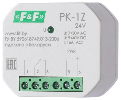 Реле промежуточное PK-1Z/24 7-30 AC 9-40 DC 16А для установки в монтажную коробку d60мм 1NO/NC IP20 F&F EA06.001.046