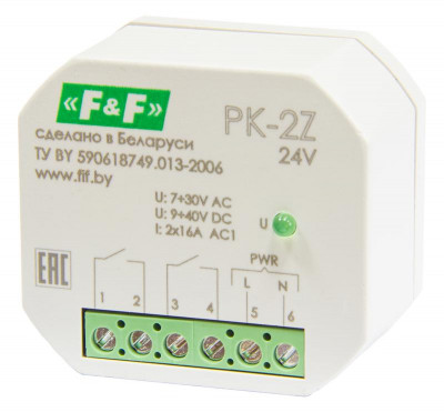Реле промежуточное PK-2Z/24 7-30 AC 9-40 DC 16А для установки в монтажную коробку d60мм 2NO IP20 F&F EA06.001.048