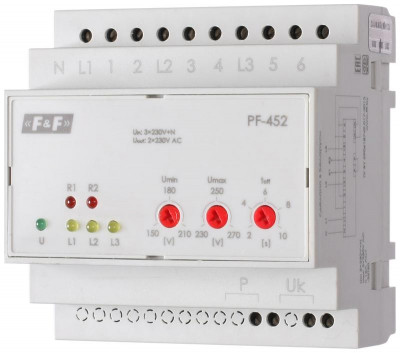 Переключатель фаз PF-452 (два выхода для питания нагрузки; с регулируемыми верхними (230-260) и нижними (150-210) значениями напряжения переключения; монтаж на DIN-рейке 35мм 3х400/230+N 6х16A IP20) F&F EA04.005.004