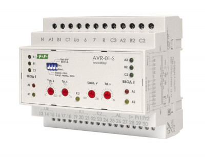 Устройство управления резервным питанием AVR-01-S (2 ввода; 2 нагрузки с секционным выключ. 35мм 3х400В+N 3х16А 3P IP20 монтаж на DIN-рейке) F&F EA04.006.002