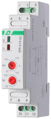 Реле тока EPP-619 (исп.1 (0.6-5А); сквозной канал; монтаж на DIN-рейке 35мм; 1 модуль; 230В AC 16А 1P IP20) F&F EA03.004.005